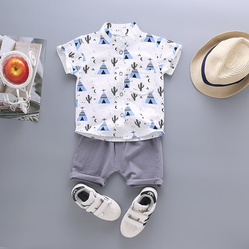 Boys' Summer Cotton and Linen Baby Thin Shirt Short Sleeve